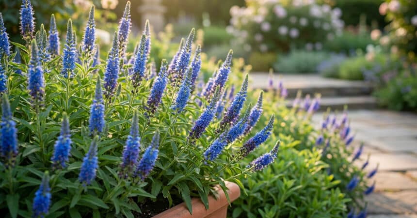 Un pot rempli de fleurs de véronique bleu vif sous une lumière douce au crépuscule.