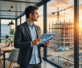 Un conducteur de travaux en costume tenant une tablette avec un graphique de croissance devant un chantier au coucher du soleil