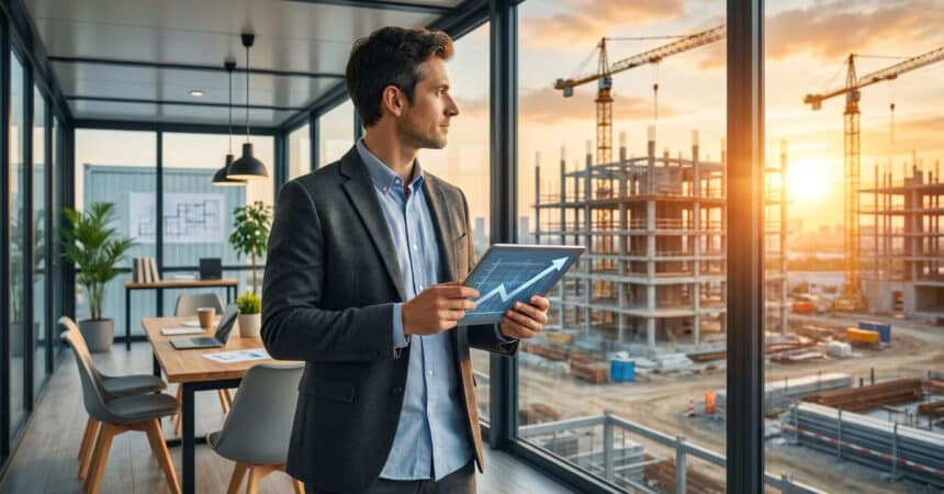 Un conducteur de travaux en costume tenant une tablette avec un graphique de croissance devant un chantier au coucher du soleil